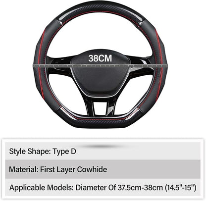 Ergocar Car Steering Wheel Cover Non-Slip Car Steering Wheel Protector Sport D-Shape Carbon Fiber & First Layer Cowhide Universal for Diameter 38cm(15") (D-Black-red)