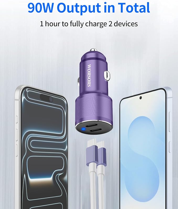 Purple Dual 45W USB C Car Charger, 90W Max Super Fast Charging, All Metal 12V Cigarette Lighter Adapter for iPhone 17 Pro Max/16/15/iPad, Samsung Galaxy S26/S25, Google Phone with 2 Type C Cable 3.3ft