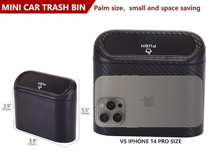 Ginsco Mini Car Trash Can with Lid, Small Car Garbage Can, Cute Leakproof ABS Car Trash Bin, Car Accessories for Interior, Garbage Bin for Car, Home, Office with 120pcs Trash Bags Carbon Fibre