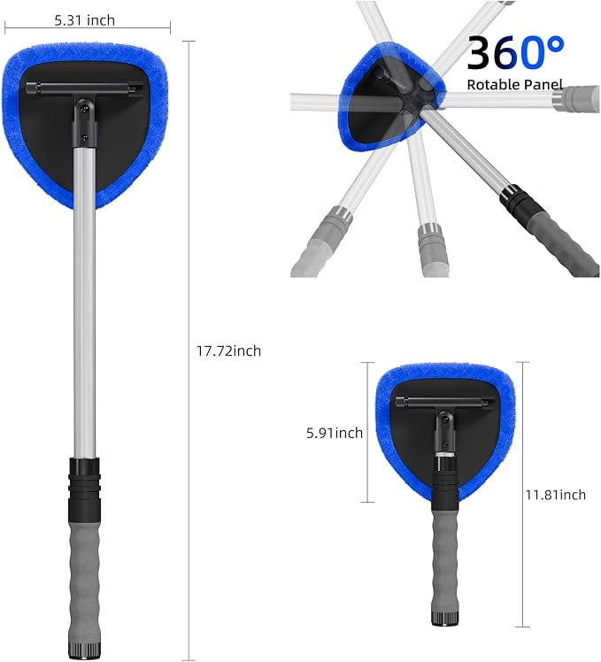 Windshield Cleaner Tool with Extendable Aluminum Handle (Up to 19.7"), Streak-Free Auto Glass Cleaning Kit with 4 Thick Microfiber Pads & Spray Bottle, Inside Window Defogger Accessories
