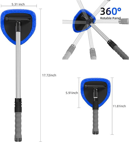 Windshield Cleaner Tool with Extendable Aluminum Handle (Up to 19.7"), Streak-Free Auto Glass Cleaning Kit with 4 Thick Microfiber Pads & Spray Bottle, Inside Window Defogger Accessories