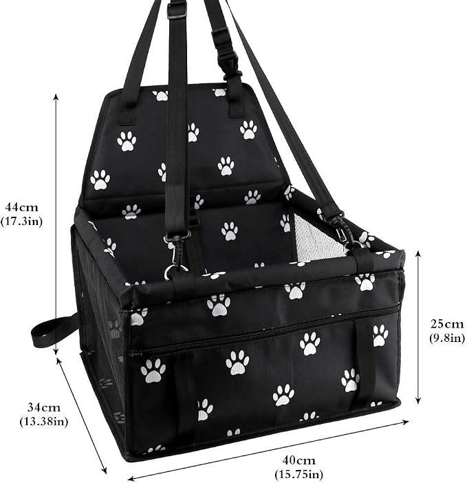 Petbobi Pet Reinforce Car Booster Seat for Dog Cat Portable and Breathable Bag with Seat Belt Dog Carrier Safety Stable for Travel Look Out,with Clip on Leash with PVC Tube, Black Paw Print