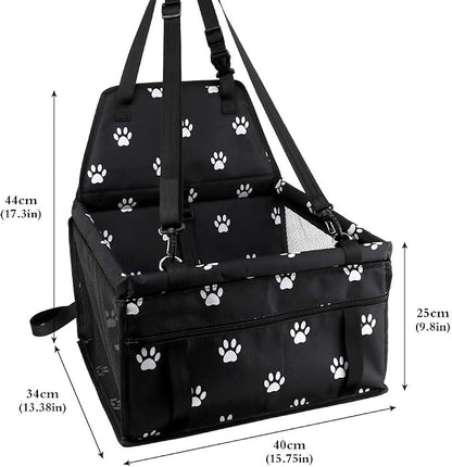 Petbobi Pet Reinforce Car Booster Seat for Dog Cat Portable and Breathable Bag with Seat Belt Dog Carrier Safety Stable for Travel Look Out,with Clip on Leash with PVC Tube, Black Paw Print