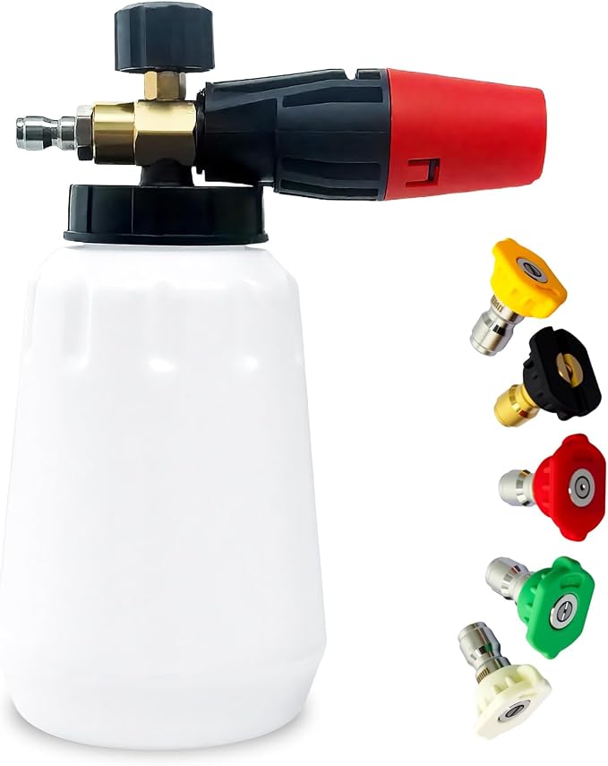 Adjustable Foam Cannon – 1/4 Inch Quick Connect, 1L (34 oz) Bottle, 5 Spray Nozzle Tips for Car Wash