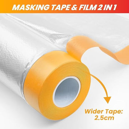 LLPT Pre-Taped Masking Film, 25.6" Unfolded x 66Ft, 0.27 Mil, 2 Pack | Static-Cling, Disposable, Solvent & Oil Resistant Bleed-Proof Low Tack No Residue for Auto Wall Furniture Painting Protection