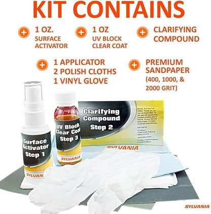 SYLVANIA Headlight Restoration Kit - Long-Lasting Headlight Repair Kit for Restoring to Like-New Condition - Surface Activator, Exclusive UV Coating, Clarifying Compound & More - No Tools Required