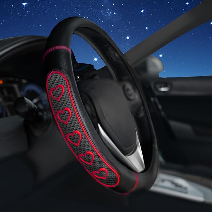 Ventilated Heart-Shaped Steering Wheel Cover with Anti-Slip Leather Grip. Compatible with Ford, Toyota, Honda, Nissan, and Chevrolet Vehicles for 14.5-15.2 inch Round Steering Wheels.