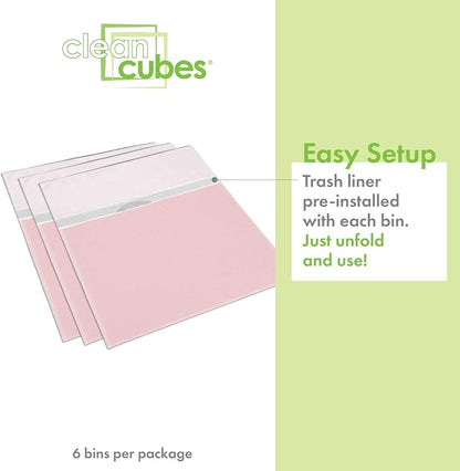 Clean Cubes 13 Gallon Disposable Pop-Up Trash Cans (6-Pack) with Fitted Bags – Foldable Garbage & Recycling Bins for Parties, Events & Kitchen (Pink, 17" H x 13.5" W x 10" D)