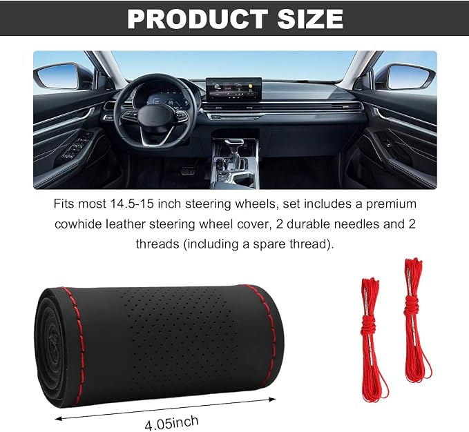 Wevdn Genuine Leather Steering Wheel Cover, Stitch on Wrap, DIY Sewing Steering Wheel Protector, 15 Inch Breathable Non-Slip Steering Wheel Protector, Car Accessories (Black & Red, Middle Hole)