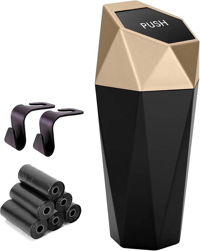 Ginsco Car Trash Can Cup Holder, Mini Car Trash Can with Lid, Car Accessories for Interior, Leakproof Small Trash Cup for Car, Home with Additional 2 ABS Hooks and 90pcs Trash Bags Golden