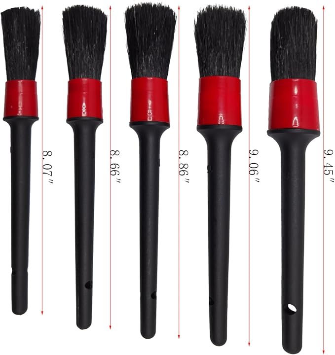 Car Detailing Brush Set of 5 - Soft Boar Hair, Car Cleaning Brush, Wheel Cleaner Brush, Car Dust Brush, Car Interior Leather Seat and Vent Brush, Parts Cleaner Brush