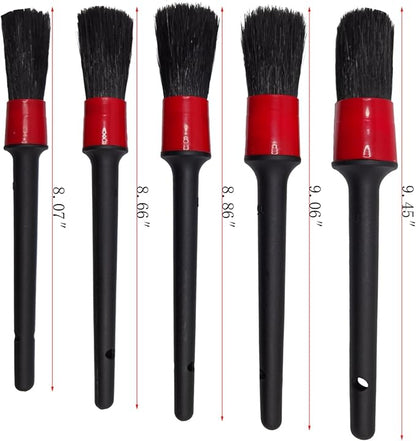 Car Detailing Brush Set of 5 - Soft Boar Hair, Car Cleaning Brush, Wheel Cleaner Brush, Car Dust Brush, Car Interior Leather Seat and Vent Brush, Parts Cleaner Brush
