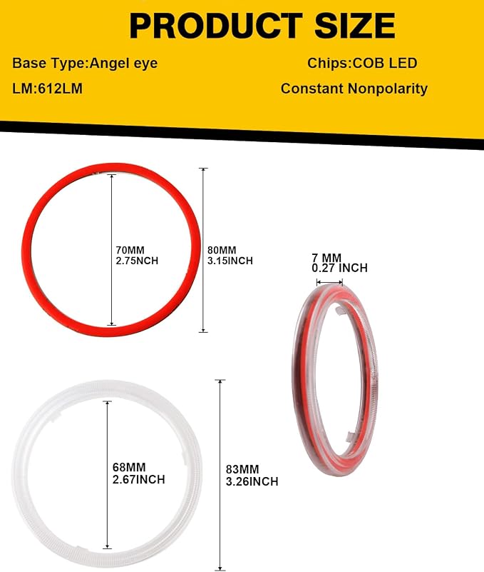 Qasim 1 Pair Red 63SMD 80MM Halo Rings Car Angel Eyes DRL Fog Lights COB LED With Cover 12V 24V