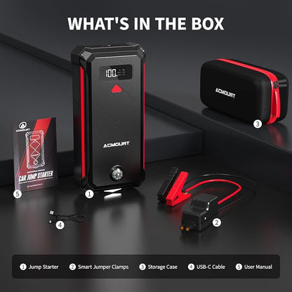 Acmount P100 Car Jump Starter, 5000A Peak Lithium Jump Starter Battery Pack for Up to 10.0L Gas or 8.0L Diesel Engine, Safe 12V Portable Battery Starter Power Pack with LED Screen & LED Light