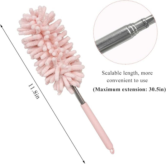2PCS Car Interior Duster with Extension Pole, 11.8" to 30.5" Retractable Dusters Auto Dash Cleaning Tool, Soft Chenille Hand Washable Dusters for Car Window Furniture Office (Light Pink)