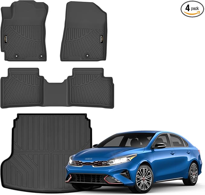 Floor Mats & Cargo Liner Custom Fit for Kia Forte 2019-2024 Sedan, S | EX | FE | LX | LXS | GT | GT-Line All Weather TPE Rubber Floor Liners Full Set Automotive Mat for Kia Forte Accessories