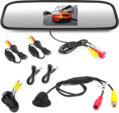 Pyle Wireless Backup Car Camera - Rearview Mirror Monitor System - Parking & Reverse Safety Distance Scale Lines, Night Vision & Waterproof Cam, 4.3" LCD Display - PLCM4370WIR