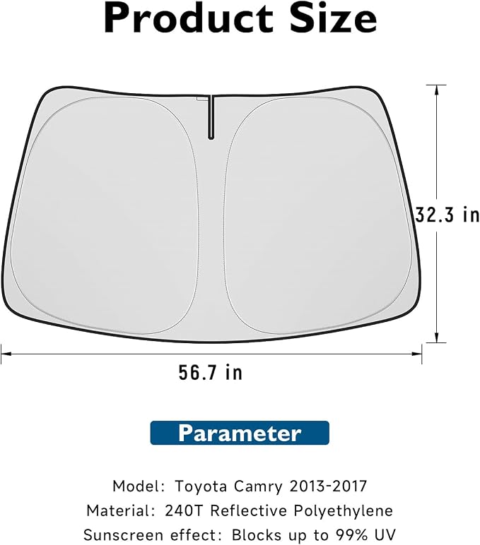 BIBLOZ Car Windshield Sun Shade for Toyota Camry 2012-2017, LE, XLE, SE, XSE, Hybrid Accessories Foldable PET Sunshade Keeps The Car Cool Inside