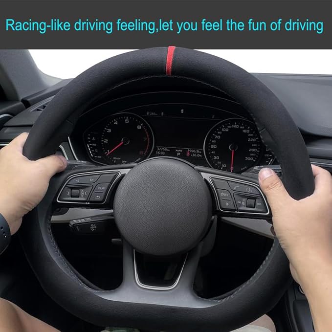 Carodi Suede Steering Wheel Cover ，Non-Slip Leather Car Interior Fitting 15-inch Universal（D-Shape,Black red Label）