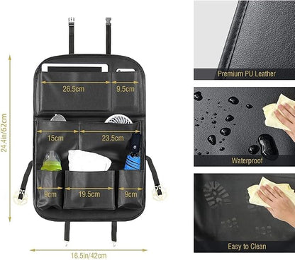 Tsumbay Car Backseat Organizer with Tablet Holder,9 Storage Pockets Foldable Table Tray Seat Back Protectors Kick Mats -PU Leather 1Pck