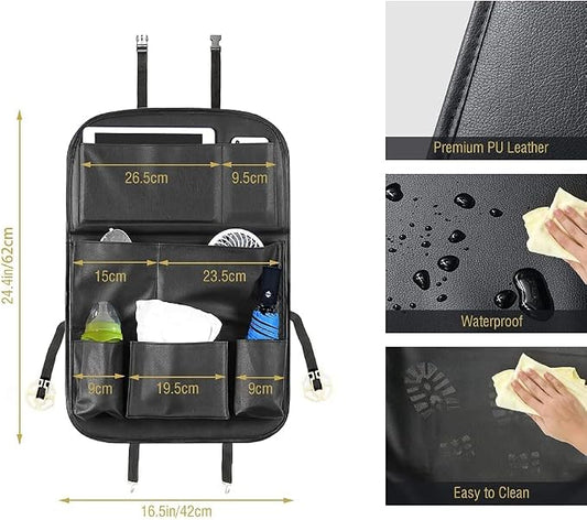 Tsumbay Car Backseat Organizer with Tablet Holder,9 Storage Pockets Foldable Table Tray Seat Back Protectors Kick Mats -PU Leather 1Pck