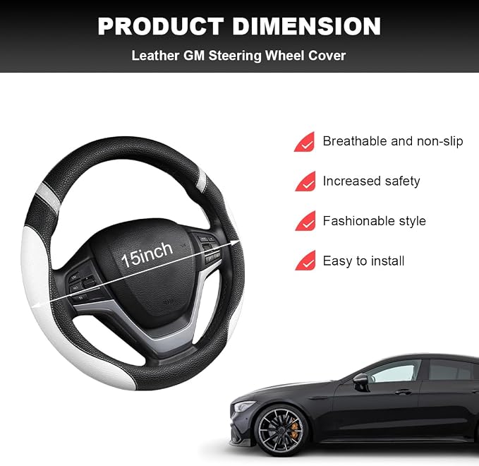 Car Steering Wheel Cover, 15 Inch Premium Leather Breathable Non-Slip Wheels Wrap, Universal Auto Comfortable Steering Wheel Protector for SUV Truck Van, Car Accessories (White)