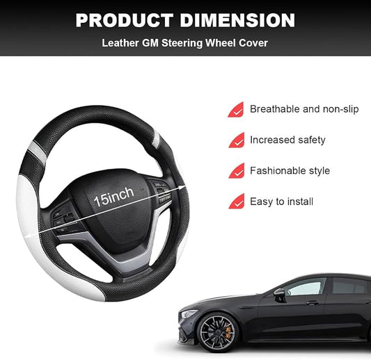 Car Steering Wheel Cover, 15 Inch Premium Leather Breathable Non-Slip Wheels Wrap, Universal Auto Comfortable Steering Wheel Protector for SUV Truck Van, Car Accessories (White)