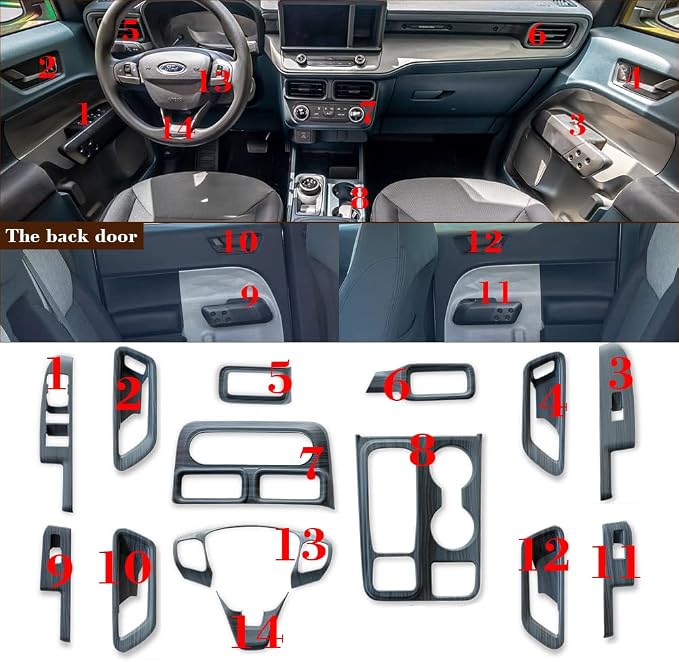 Muslogy for Maverick Set 14 Pcs Interior Decoration Trim Kit Overlays Steering Wheel Center Console Vent Window Switch Inner Door Cover Compatible with Ford Maverick 2022-2024 (Black Wood Grain)