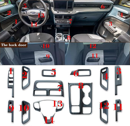Muslogy for Maverick Set 14 Pcs Interior Decoration Trim Kit Overlays Steering Wheel Center Console Vent Window Switch Inner Door Cover Compatible with Ford Maverick 2022-2024 (Black Wood Grain)