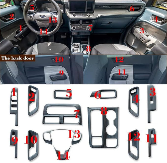 Muslogy for Maverick Set 14 Pcs Interior Decoration Trim Kit Overlays Steering Wheel Center Console Vent Window Switch Inner Door Cover Compatible with Ford Maverick 2022-2024 (Black Wood Grain)