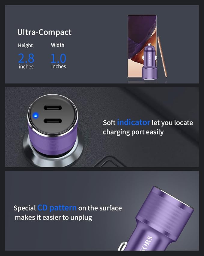 Purple Dual 45W USB C Car Charger, 90W Max Super Fast Charging, All Metal 12V Cigarette Lighter Adapter for iPhone 17 Pro Max/16/15/iPad, Samsung Galaxy S26/S25, Google Phone with 2 Type C Cable 3.3ft