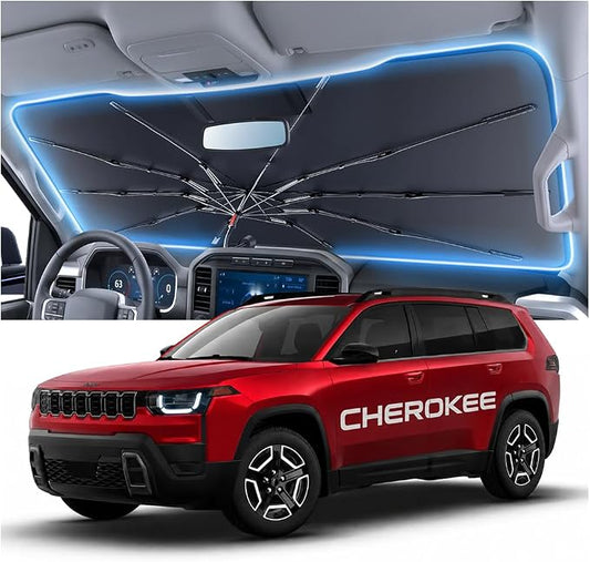 Car Windshield Sun Shade Umbrella for Jeep Grand Cherokee 2011~2026(Ice Crystal + Fabric + Black Film), Keeps Car Cool, Foldable Sunshade with Soft Edge, Easy Storage with Bag