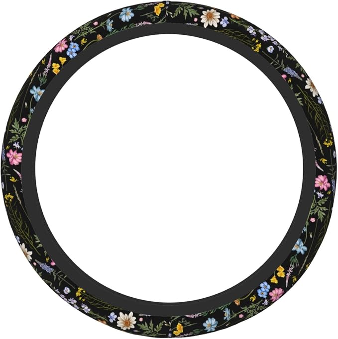 Cute Wildflower Steering Wheel Cover for Women, Universal Auto Steering Wheel 14-15 Inch Car Interior Accessories with 2PCS Car Coasters, Suitable for Men and Women