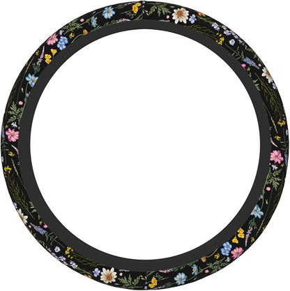 Cute Wildflower Steering Wheel Cover for Women, Universal Auto Steering Wheel 14-15 Inch Car Interior Accessories with 2PCS Car Coasters, Suitable for Men and Women