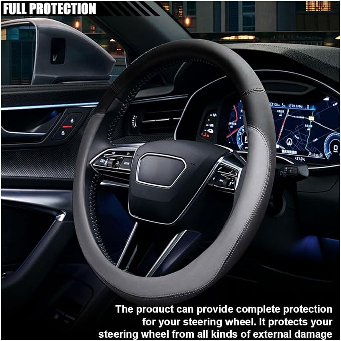 LAINLOY 14.5"-15" Car Steering Wheel Cover, Microfiber Leather Cover, Anti-Slip Breathable Steering Wheel Decoration, Universal Steering Wheel Accessories for Diverse Cars (Gray)