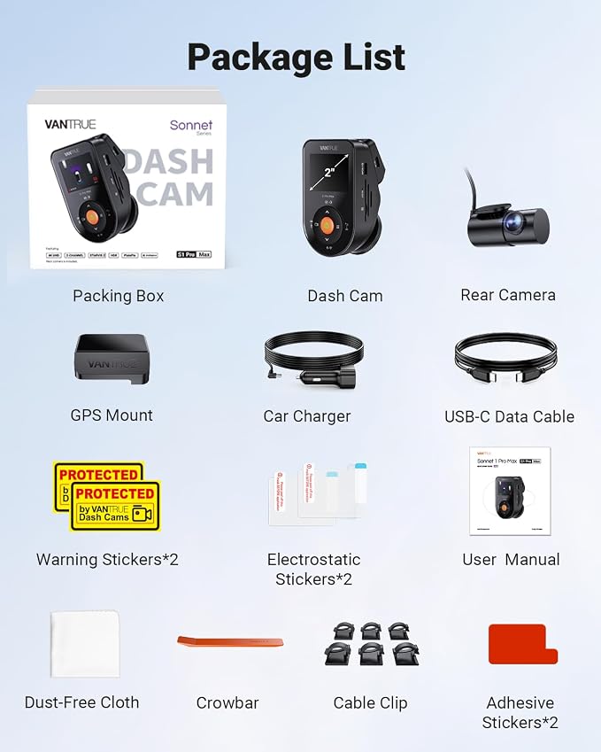 Vantrue S1 Pro Max Dash Cam 4K+2.5K Front and Rear, Dual STARVIS 2, Dual HDR, PlatePix Night Vision, 5GHz WiFi, GPS, Voice Control, 24/7 Parking Mode, 1TB Support (RC18)