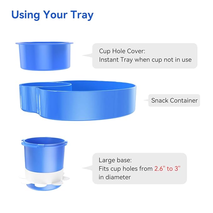 Car Seat Snack Tray: Travel Tray for Kids Carseat Cup Holder with Food Trays, Stroller Snacks Plate for Toddlers, Kid Road Trip Essentials, Blue