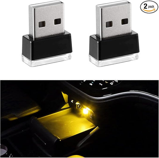 2 PCS USB LED Car Interior Atmosphere Lamp, Portable Mini LED Night Light, Plug-in USB Interface Trunk Ambient Lighting Kit, Universal Interior Car Accessories (Yellow)