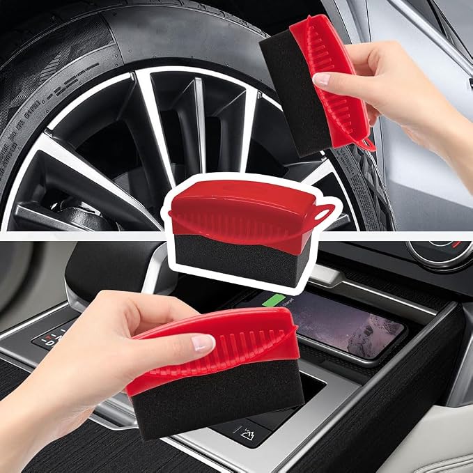 Tire Dressing Applicator, Tire Shine Applicator, Wheel Waxing Wipe Polishing Sponge with Lid, Car Accessories Reusable Wheel Detailing Foam Fit for Vehicle Waxing Polishing Cleaning (Red)