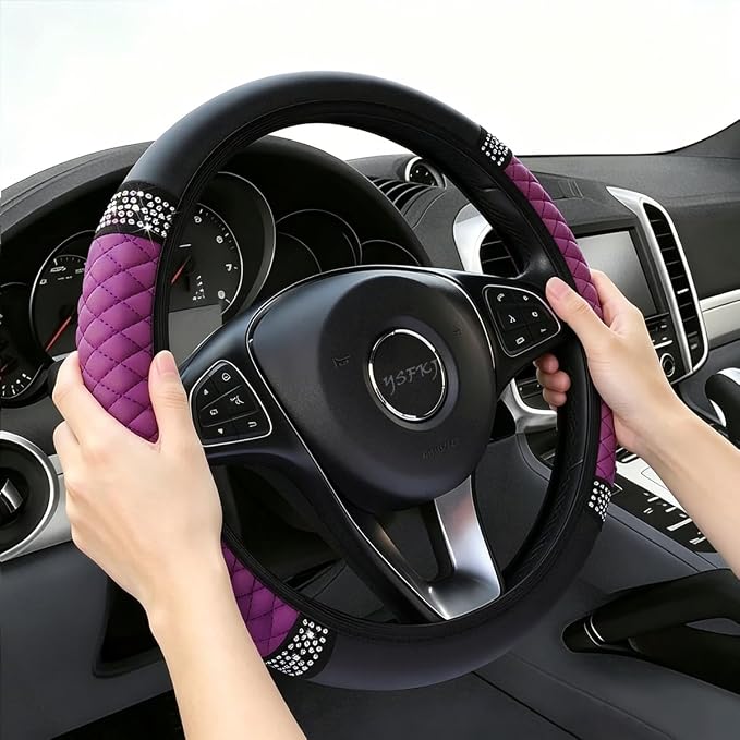 Soft Leather Car Steering Wheel Cover, Universal 15 Inch Colorful Rhinestones Anti-Slip Elastic Steering Wheel Covers for Most Cars, Sparkly Crystal Diamond for Women Girls (Purple)