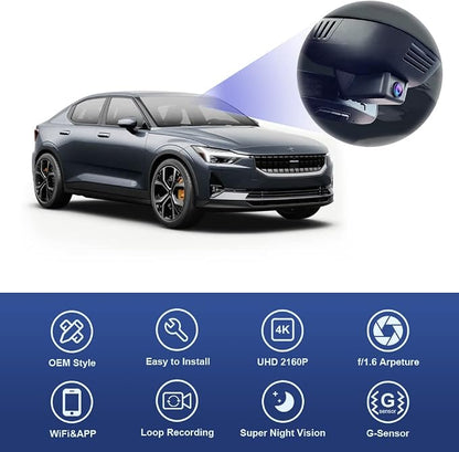 Fitcamx 4K Dash Cam Suitable for Polestar 2 2021-2026 Peformance Plus Launch Edition, Integrated OEM Style, Ultra HD 2160P Video, Built-in WiFi & APP, Loop Recording, G-Sensor, Plug & Play, 64GB Card