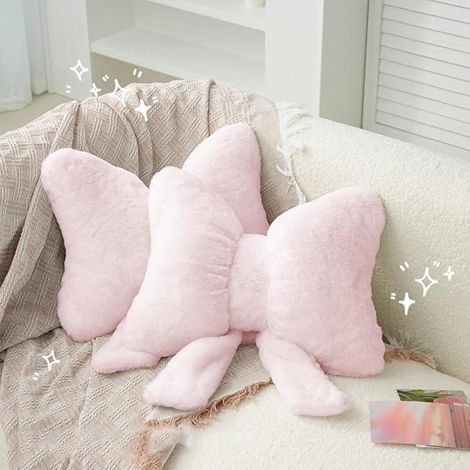 LYFJMUS 4 Pack Plush Bow Car Headrest Pillow and Lumbar Support Pillow Soft Butterfly Car Neck Pillows for Driving Cars Decor (Pink)