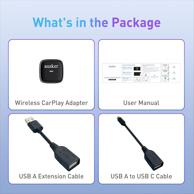 Wireless CarPlay Adapter, Plug and Play Mini Size CarPlay Wireless Adapter with USB A Extension Cable and USB A to USB C Cable, Compatible with iPhone and Cars, Stable Connection and No Latency