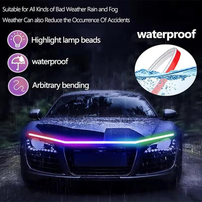 Car LED Hood Light Strip, 12V Flexible Waterproof Daytime Running Lights for Car, Universal Engine Cover Decoration Accessories for Cars, SUVs, Trucks, Dynamic Scan Start-up Effect (RGB, 70 Inches)