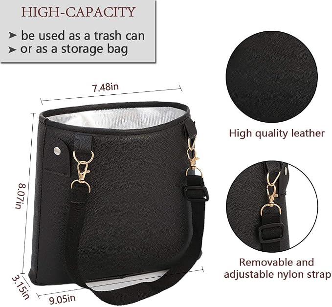 HerMia Hanging Car Trash Can Bin, Garbage Can PU Leather, Waterproof Litter Auto Trash Can for Travelling, Outdoor, and Vehicle (Black)