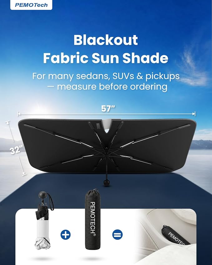 PEMOTech【for Chevrolet Spark/Sonic; MINI Cooper and Sports Cars & Coupes】Umbrella Windshield Sun Shade | Quick-Install Reliable UV Blocker&Heat Shield | Versatile Sun shade for Windshield (49"X25.6")