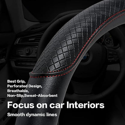 Steering Wheel Cover - Microfiber Leather, Classic Embossing, Anti-Slip Breathable, Fit 15 Inch (Black & Red Line)