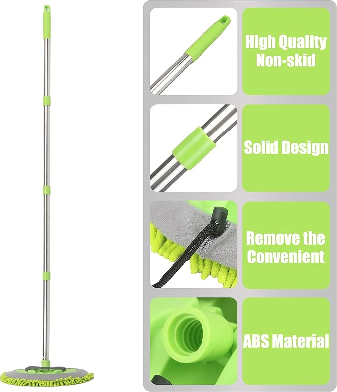 LumiMokki 62 " Car Wash Mop Kit - Car Cleaning Mop with Long Handle Stainless Steel Pole for RVs, SUVs, Trucks and Buses (Green)