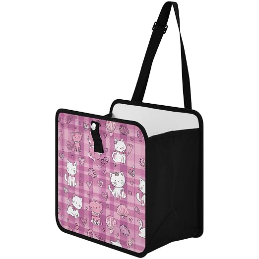 Car Trash Can Organizer Bin with Adjustable Strap for Back Front Seat Console Waterproof Leakproof Collapsible Portable 8.66 Inch Checkered Pink Kittens Hearts Shells