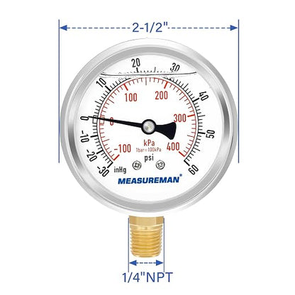 MEASUREMAN 2-1/2" Dial Size, Glycerin Filled Pressure Gauge, 30inHG-60psi, 304 Stainless Steel Case, 1/4" NPT Lower Mount